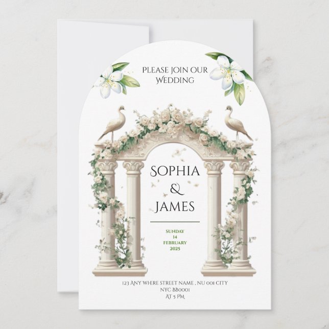 convite de casamento flores arco palácio luxuoso (Frente)