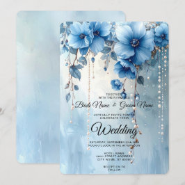 Convite de Casamento Flores Azuis e Pérolas
