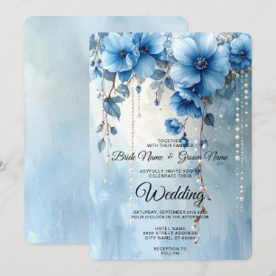 Convite de Casamento Flores Azuis e Pérolas