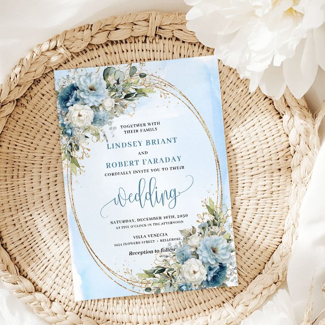 Convite de Casamento Flores Azuis Pastel Aquarela  (Watercolor Pastel Blue Flowers Gold Wedding Invite)