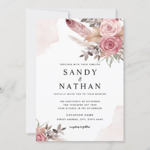 Convite de Casamento Flores Boho Rosa Empoeirado