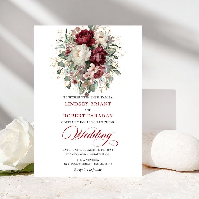 Convite de Casamento Flores Botânicas Burgundy e B (Botanical Burgundy and White Flowers Wedding Invite)
