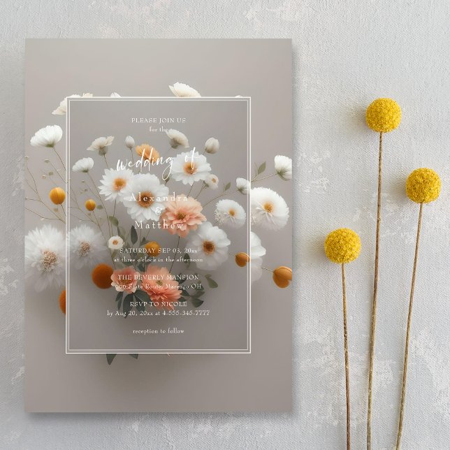 Convite de Casamento Flores Brancas Moldura Floral (Charming elegance. 3D frame. Unique wedding invitation.)