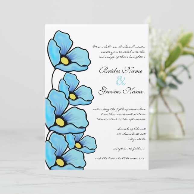 Convite de Casamento Flores de Papoula Azul Aqua (Em pé/Frente)