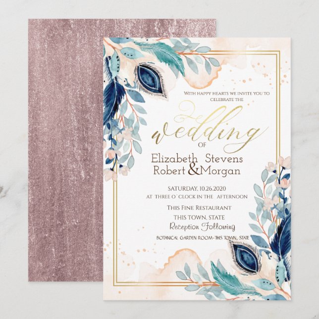 Convite de Casamento Flores de Pavão em Aquarela (Frente/Verso)