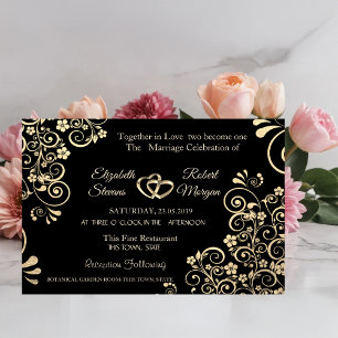 Convite de Casamento Flores Douradas Chic Elegante