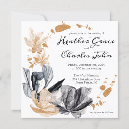 Convite de Casamento Flores Fumaça Preto e Dourado