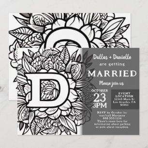 Convite de Casamento Flores Monograma Preto e Bran