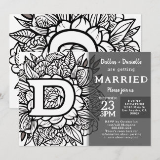 Convite de Casamento Flores Monograma Preto e Bran