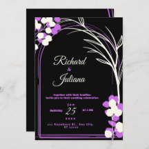 convite de casamento flores pretas de fundo roxo