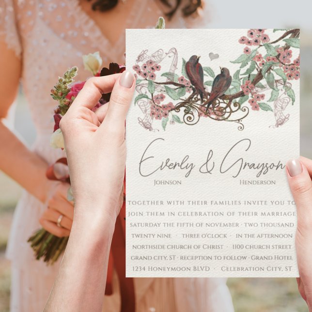 Convite de Casamento Flores Rosa Empoeirado Vintag (Criador carregado)