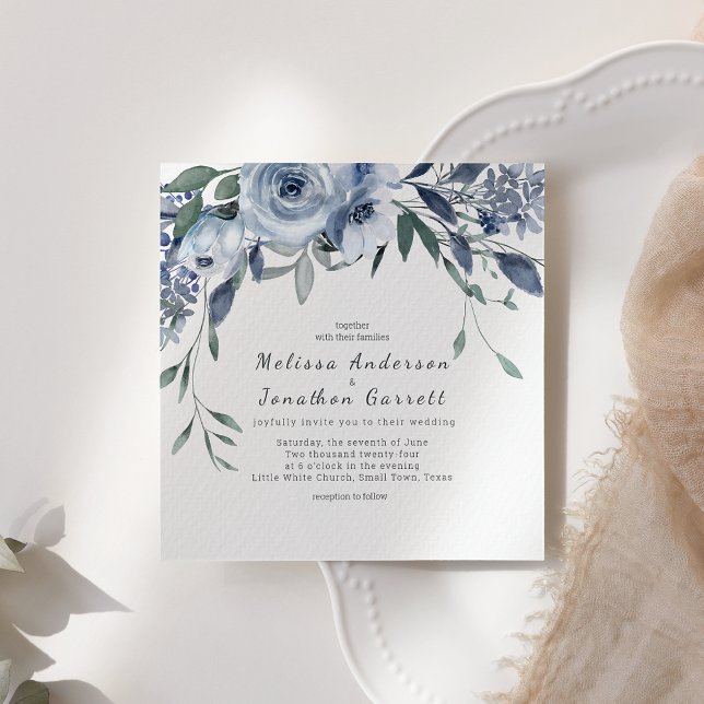 Convite de Casamento Flores Rosas Azul Empoeirado (Criador carregado)