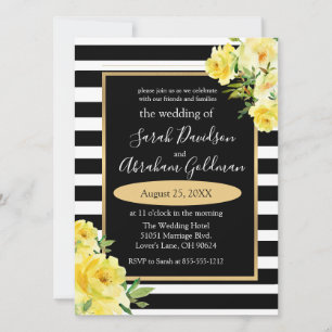 Convite de Casamento Flores Rosas Listras Preto e
