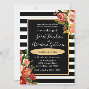 Convite de Casamento Flores Rosas Listras Preto e