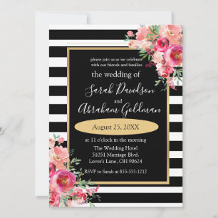 Convite de Casamento Flores Rosas Listras Preto e