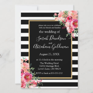 Convite de Casamento Flores Rosas Listras Preto e