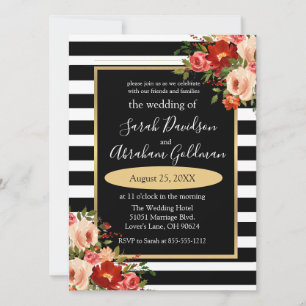 Convite de Casamento Flores Rosas Listras Preto e
