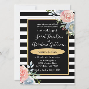 Convite de Casamento Flores Rosas Listras Preto e