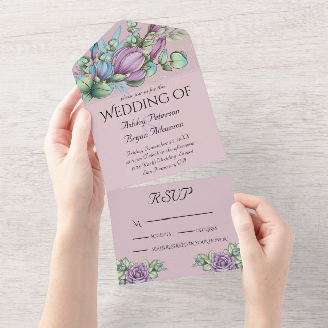 Convite de Casamento Flores Roxas Tudo em Um (Aba destacável)