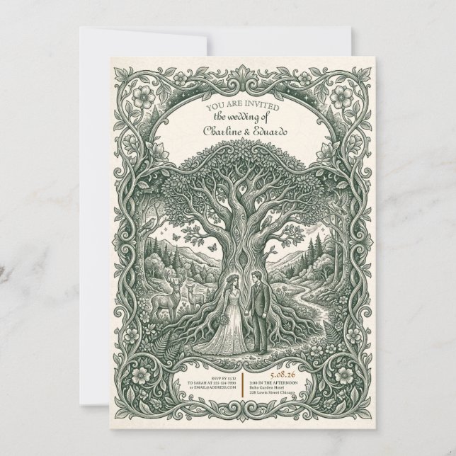 Convite de Casamento Floresta de Contos de Fadas E (Frente)