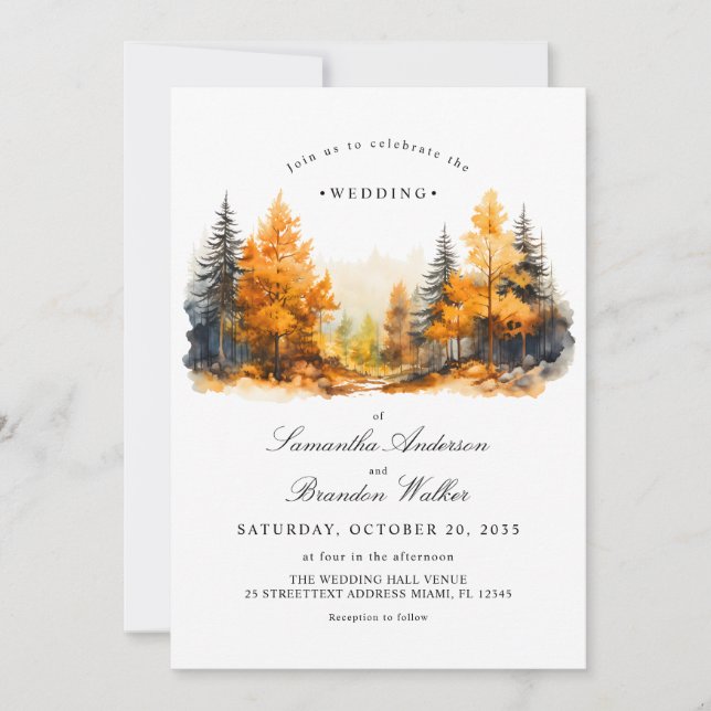 Convite de Casamento Floresta de Outono, Pinheiros (Frente)