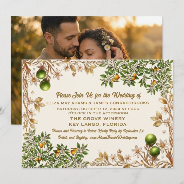Convite de Casamento Florida Orange Blossom (Frente/Verso)