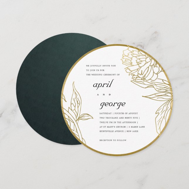 CONVITE DE CASAMENTO FLORORAL DE OURO CLEGANTE (Frente/Verso)