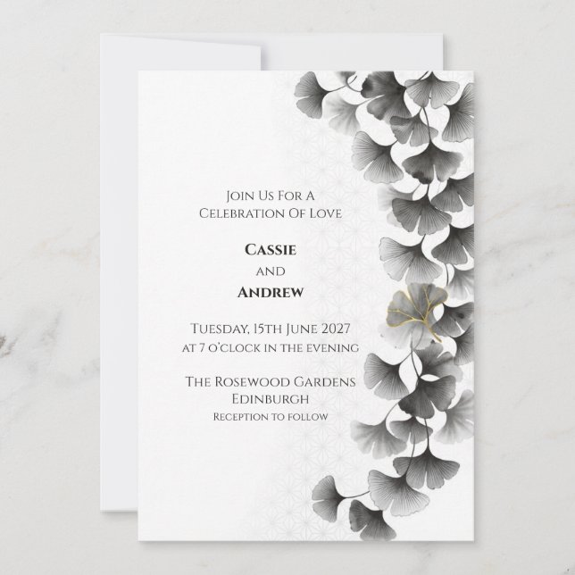 Convite de Casamento Folha de Ginkgo Cinza (Frente)