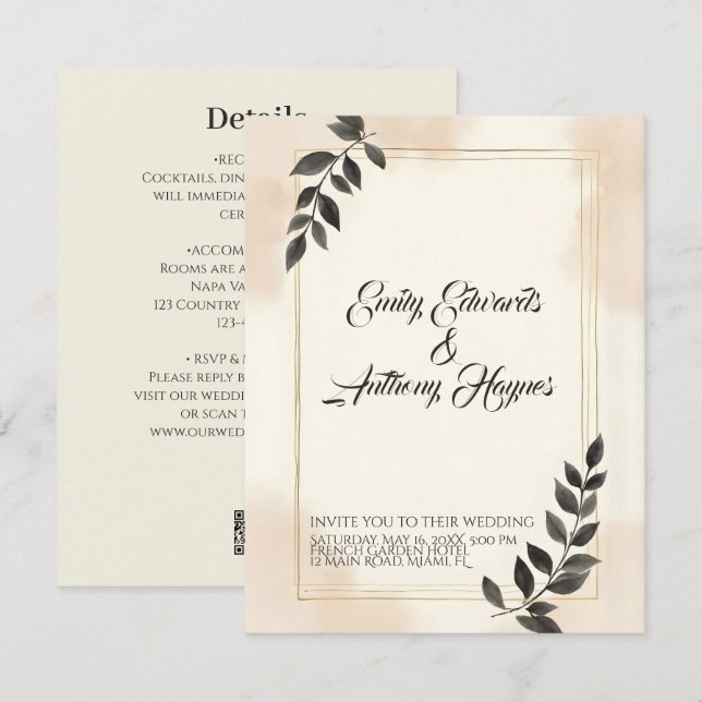 Convite de Casamento Folha Verde Escuro Elegante (Frente/Verso)
