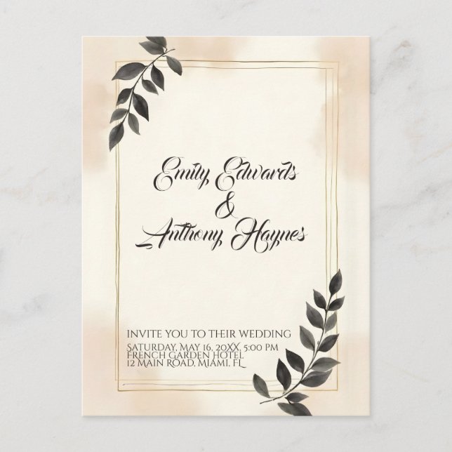 Convite de Casamento Folha Verde Escuro Elegante (Frente)