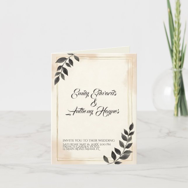 Convite de Casamento Folha Verde Escuro Elegante (Frente)