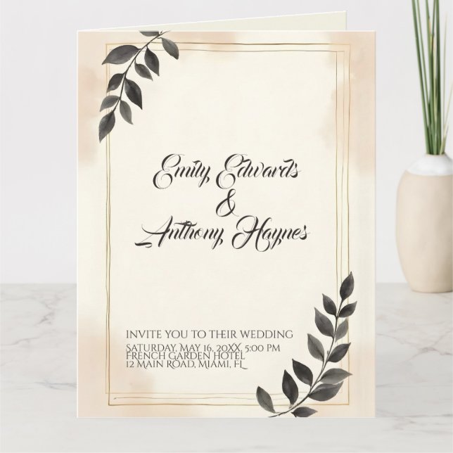 Convite de Casamento Folha Verde Escuro Elegante (Frente)