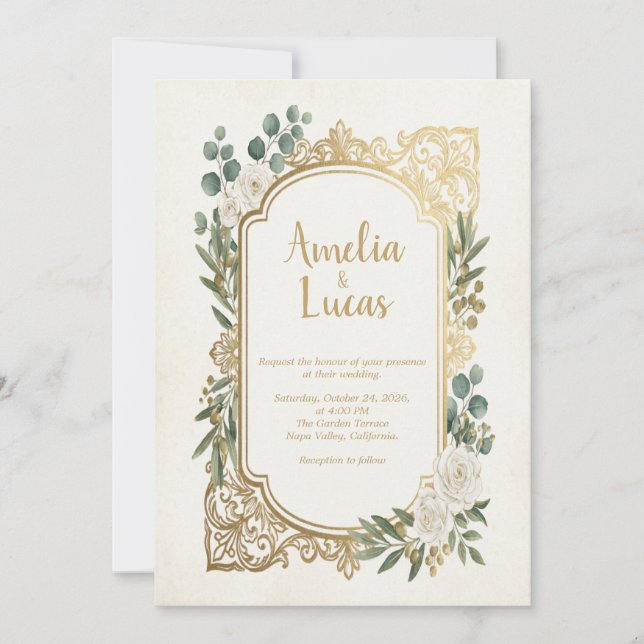Convite de Casamento Folhagem Dourada Marfim Elega (Frente)