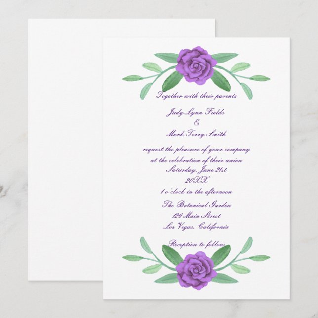 Convite de Casamento Folhagem Floral Roxa (Frente/Verso)