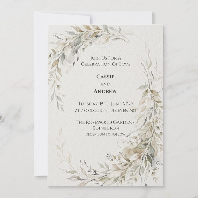 Convite de Casamento Folhagem Ouro Verde (Frente)