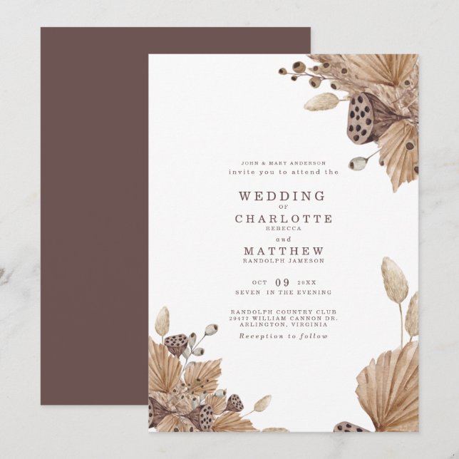 Convite de Casamento Folhagem Seca Marrom e Bege (Frente/Verso)