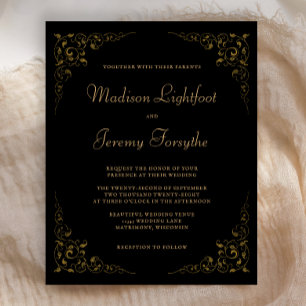 Convite de Casamento Folhagem Vintage Black Gold O