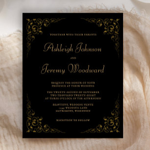 Convite de Casamento Folhagem Vintage Black Gold O