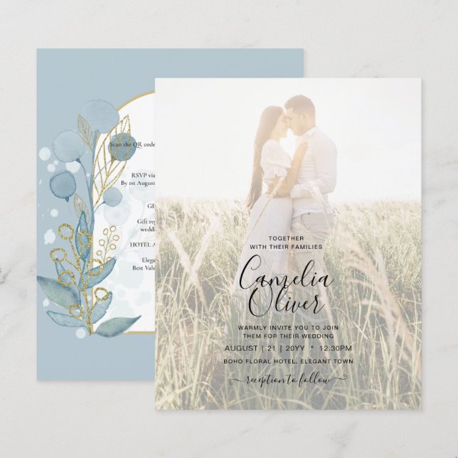 Convite de Casamento Folhas de Ouro Aqua Vidro Mar (Frente/Verso)