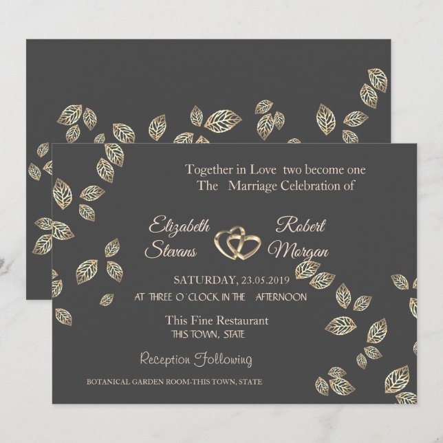 Convite de Casamento Folhas de Ouro Chic Elegante (Frente/Verso)