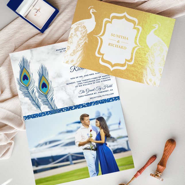 Convite de Casamento Folhas de Pavão Azul com Folh (Criador carregado)