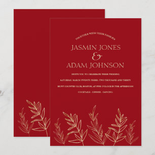 Convite de Casamento Folhas Douradas Vermelho Carm