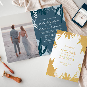 Convite de Casamento Folhas em Azul Empoeirado com