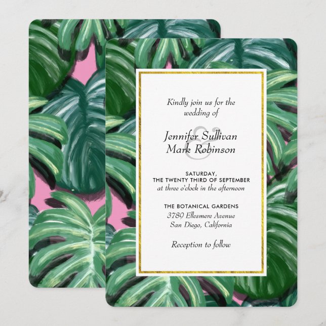 Convite de Casamento Folhas Tropicais Verde e Exub (Frente/Verso)