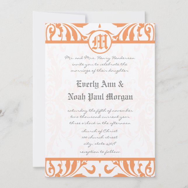 Convite de Casamento Fonte Cinza Damask Coral Vint (Frente)