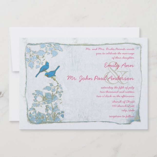 Convite de Casamento Fonte Rosa Azul Vintage Pássa (Frente)