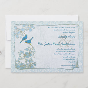 Convite de Casamento Fonte Rosa Damask Pássaros Az