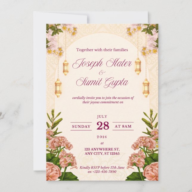 Convite de Casamento Foral Personalizável (Frente)