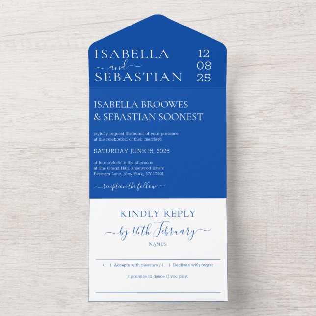 Convite de casamento formal azul cobalto para resp (Interno)