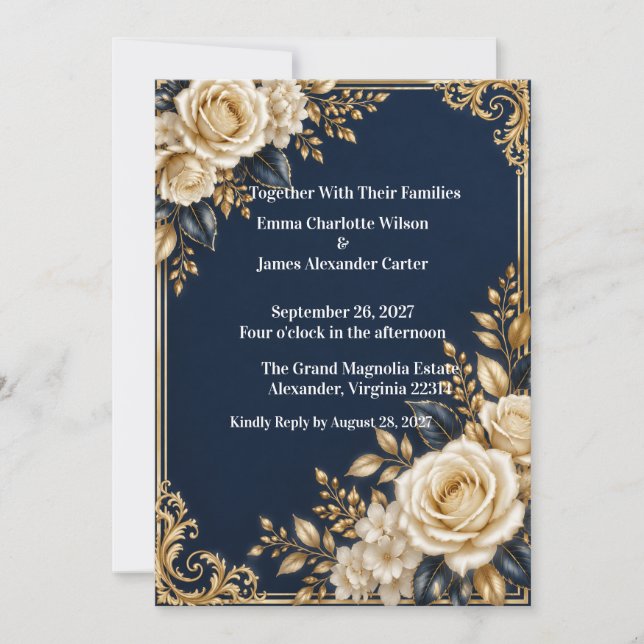 Convite de Casamento Formal Azul Marinho e Dourado (Frente)